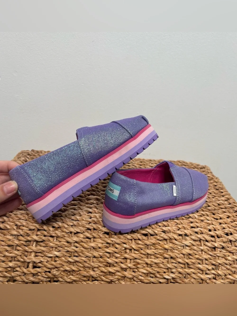 Toms Girls Purple Glitter Slip-On Platform Shoes with Pink Accents